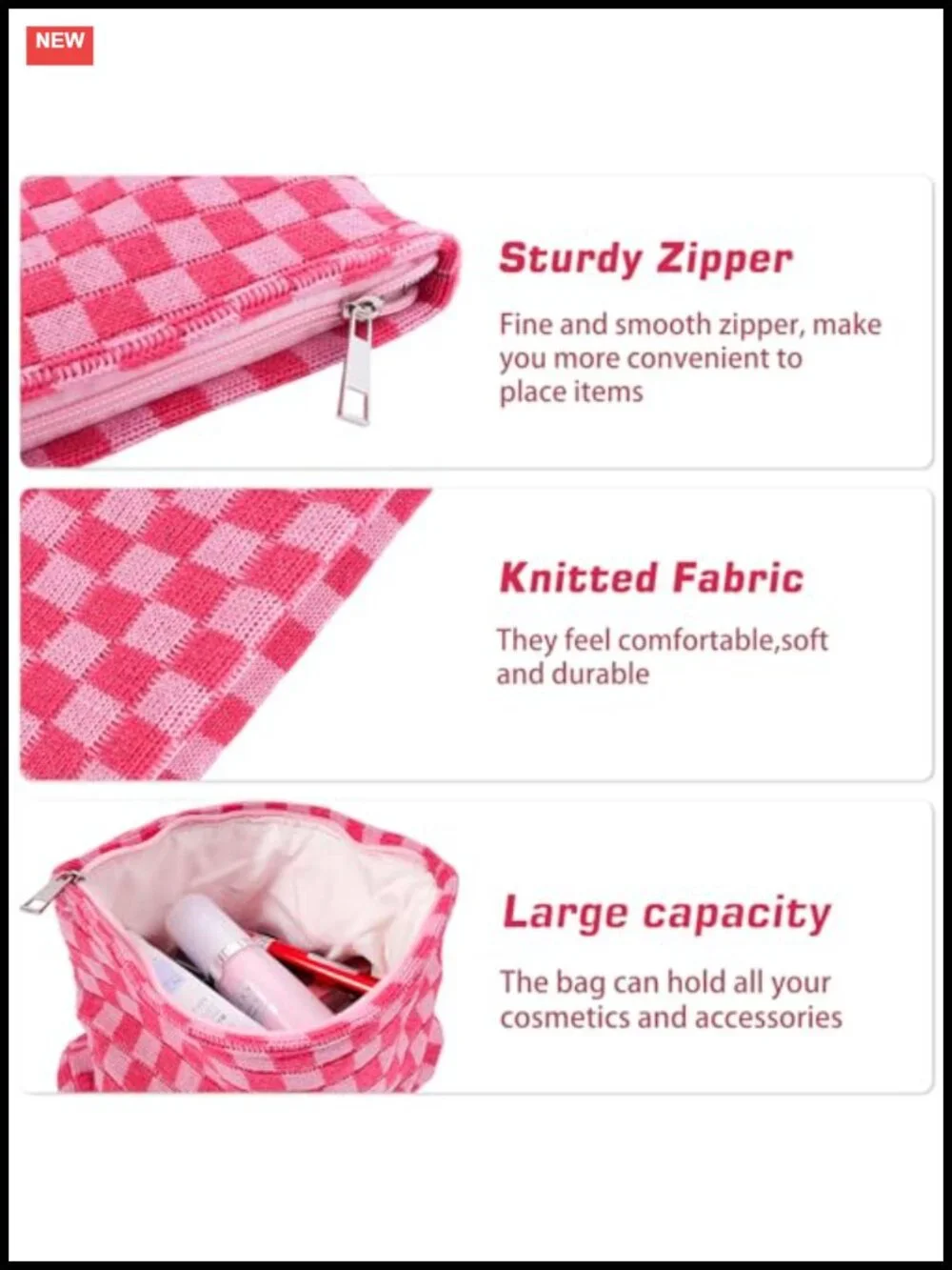 Knitted Fabric Makeup Bag Set, Checkered Toiletry Travel Bags for Women, Pencil